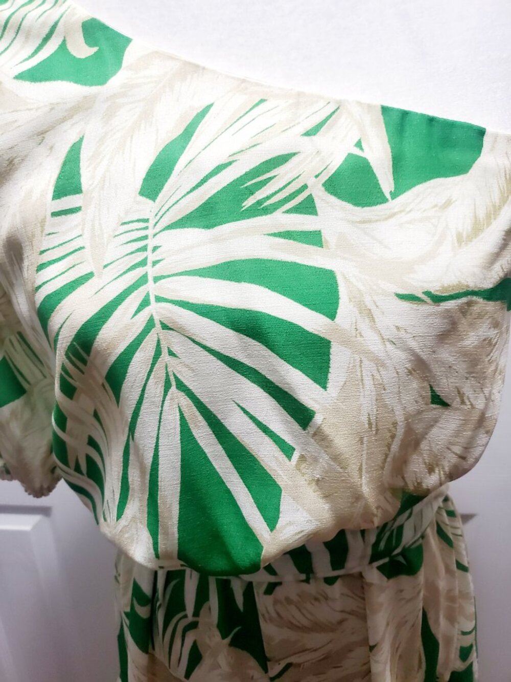 AURA One Shoulder Tropical Maxi Dress Green Palm Print Resort Size M Hawaiian - Picture 12 of 13